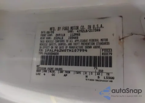 1996 Ford Thunderbird Lx из США, поврежденный, VIN 1FALP62W0TH107994